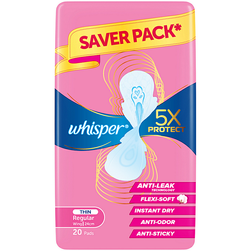 Whisper 5X Protect Thin Regular Wing 24cm 20s
